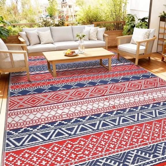 ZACOO 10'x14' Geometric Stripe Outdoor Rug, Waterproof UV Resistant Large Patio Mat for Deck RV, Red Multi