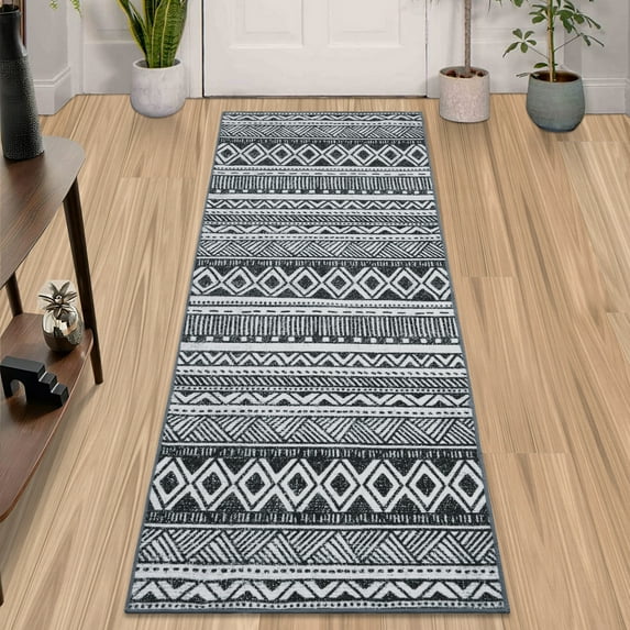 ZACOO 2' x 6' Boho Moroccan Runner Rug Vintage Diamond Rug Washable Non-Slip Distressed Mat Indoor Carpet for Bedroom Kitchen, Black White