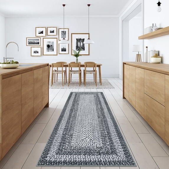 ZACOO 2' x 6' Braided Printed Runner Rug Low Pile Non-Shedding Carpet for Bedroom Bedside Laundry Kitchen Grey