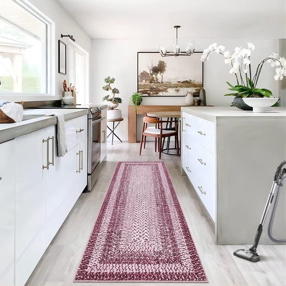 ZACOO 2' x 6' Braided Printed Runner Rug Low Pile Non-Shedding Carpet for Bedroom Bedside Laundry Kitchen Pink