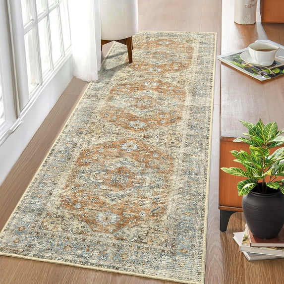 ZACOO 2' x 6' Vintage Floral Runner Rug Washable Hallway Runner Rug for Laundry Room, Taupe/Orange