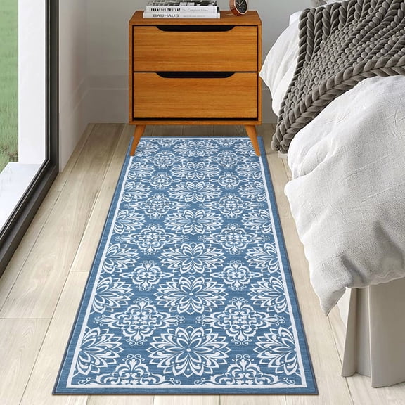 ZACOO 2' x 6' Washable Runner Rug Low Pile Non-Shedding Carpet for Bedroom Bedside Laundry Kitchen Blue