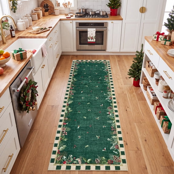Holiday Kitchen Signs ZACOO 2'x10' Christmas Runner Rug for Hallway Machine Washable Holly ...