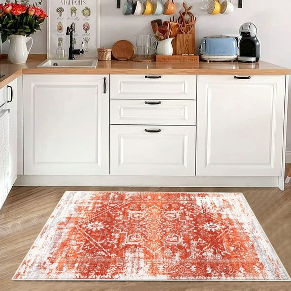 ZACOO 2'x3' Vintage Entryway Small Rug Washable Boho Non-Slip Low-Pile Rug Farmhouse Medallion Print Rug for Bathroom Entrance, Orange