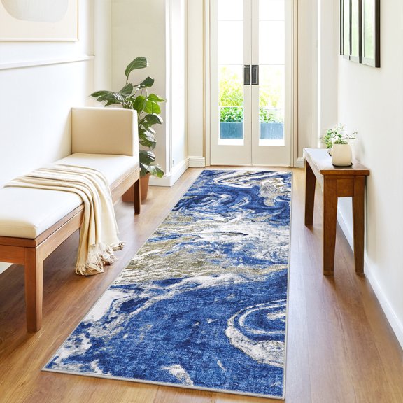 ZACOO 2'x6' Abstract Marble Vein Indoor Runner Rug, Non-Slip Machine Washable Low-Pile Carpet for Hallway Entryway Kitchen, Blue