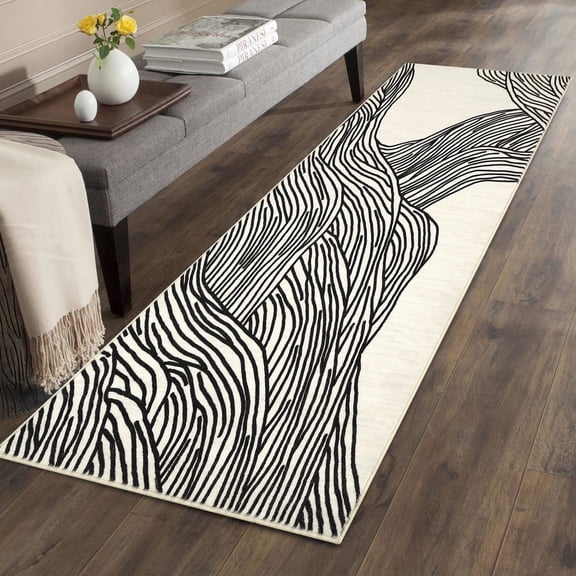 ZACOO 2'x6' Abstract Wave Line Runner Rug, Low Pile Stain Resistant Washable Rug for Hallway Kitchen Laundry Room, Black White
