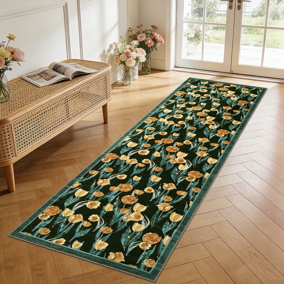 ZACOO 2'x6' Area Rug, Machine Washable Ultra Thin Non‑Slip Floral Botanical Carpet for Hallway Entryway Kitchen, Yellow‑Green