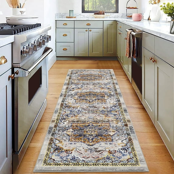ZACOO 2'x6' Bohemian Rug Hallway Runner Rug Washable Rug Faux Wool Rugs Vintage Kitchen Mat Entryway Carpet Rug for Bedside, Blue/Beige
