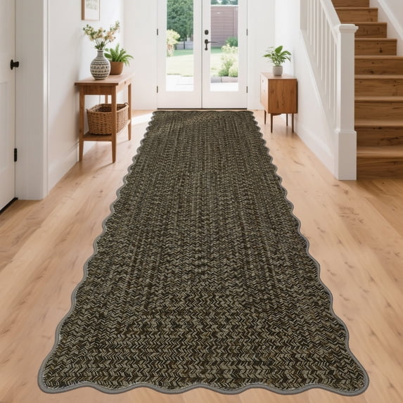 ZACOO 2'x6' Braided Print Runner Rug, Scalloped Washable Runner Rug, Non Slip Low Pile Soft Indoor Rugs for Kitchen Laundry Entryway, Black Brown