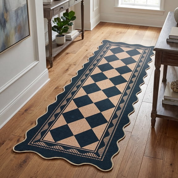 ZACOO 2'x6' Easy Jute Print Runner Rug, Scalloped Border Checkerboard Machine Washable Ultra‑Thin Non‑Slip Carpet for Hallway Entryway Kitchen, Black Coffee