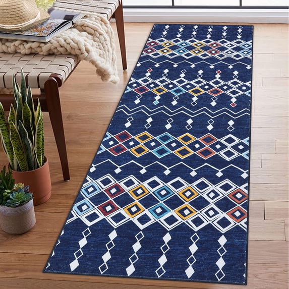ZACOO 2'x6' Geometric Machine Washable Runner Rug, Non‑Slip Ultra Thin Carpet for Hallway Entryway Kitchen, Blue