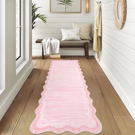 ZACOO 2'x6' Hallway Runner Rugs Scalloped Solid Rug, Non-Slip Low Pile Rugs, Soft Modern Farmhouse Washable Runners for Kitchen Laundry Room, Pink
