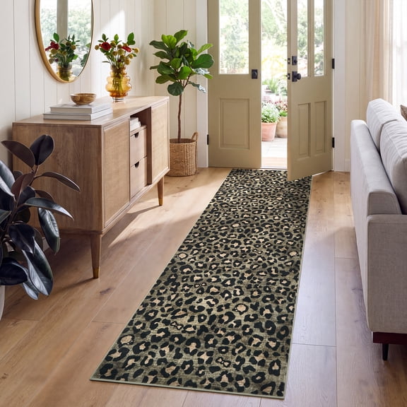 ZACOO 2'x6' Leopard Print Area Rug, Washable Low Pile Non Slip Carpet, Bold Animal Print Decor Rug for Hallway Entryway Kitchen, Green