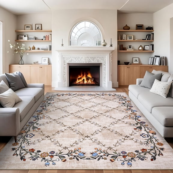 ZACOO 2'x6' Machine Washable Runner Rug for Hallway, Modern Floral Print Ultra Thin Pile Non‑Slip Carpet for Entryway Kitchen, Beige‑B