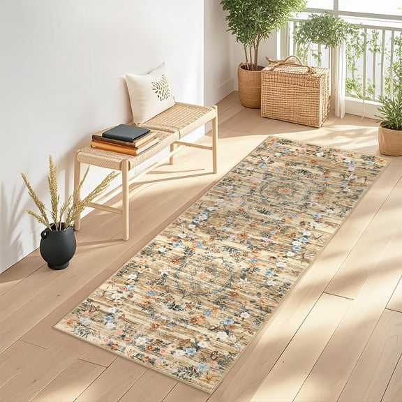 ZACOO 2'x6' Machine Washable Runner Rug for Hallway, Modern Floral Print Ultra Thin Pile Non‑Slip Carpet for Entryway Kitchen, Brown‑B