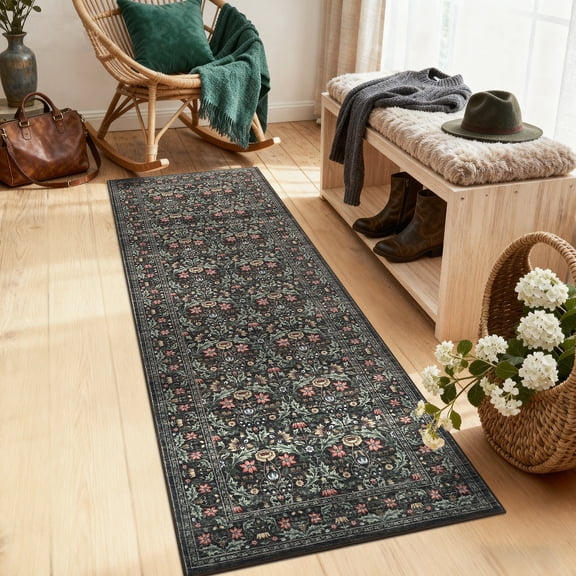 ZACOO 2'x6' Machine Washable Runner Rug for Hallway, Modern Floral Print Ultra Thin Pile Non‑Slip Carpet for Entryway Kitchen, Brown‑D