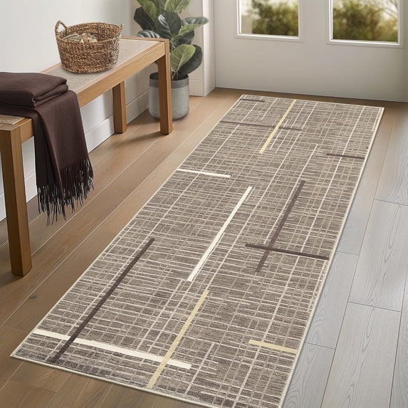 ZACOO 2'x6' Modern Abstract Cross Line Runner Rug, Machine Washable Low Pile Non-Slip Indoor Rug for Hallway, Kitchen, Laundry Room, Brown