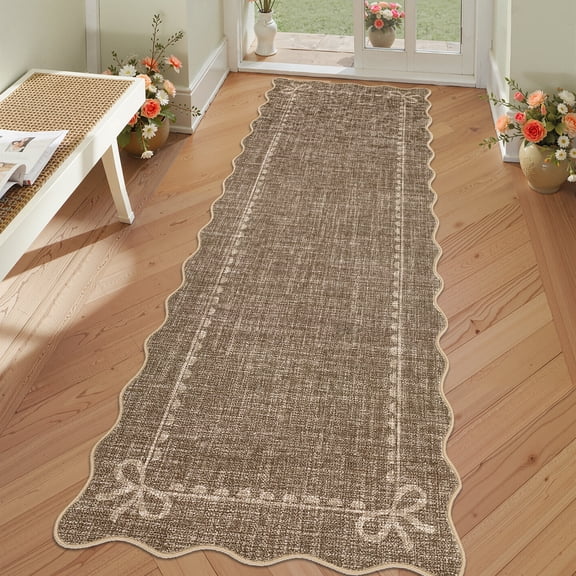 ZACOO 2'x6' Modern Bow Border Runner Rug for Hallway, Scalloped Edge Machine Washable Ultra Thin Non Slip Carpet for Entryway Kitchen, Brown
