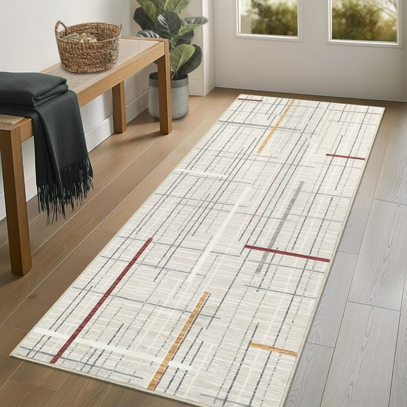 Nanan 2'x6' Modern Linear Geometric Runner Rug, Machine Washable Low Pile Non-Slip Indoor Rug, Abstract Line Carpet for Hallway, Kitchen, Laundry Room, Beige