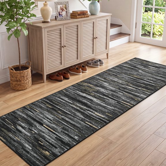 ZACOO 2'x6' Modern Machine Washable Runner Rug, Ultra‑Thin Low Pile Non‑Slip Minimalist Linear Geometric Carpet for Hallway Entryway Kitchen, Dark Gray