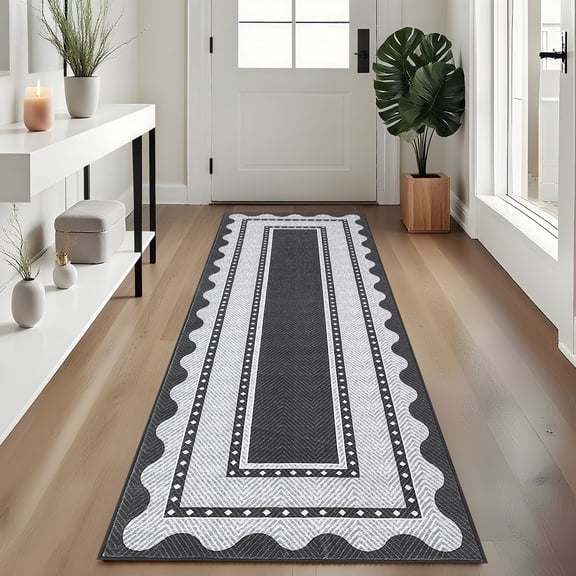 ZACOO 2'x6' Scalloped Bordered Runner Rug, Machine Washable Low Pile Non-Slip Indoor Rug for Hallway Kitchen Laundry Room, Charcoal Gray