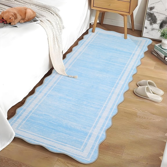 ZACOO 2'x6' Solid Runner Rug, Scalloped Border Striped Print Machine Washable Ultra Thin Non Slip Carpet for Living Room Bedroom Kitchen, Light Blue