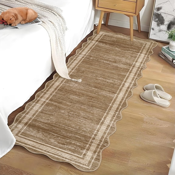 ZACOO 2'x6' Solid Runner Rug, Scalloped Border Striped Print Machine Washable Ultra Thin Non Slip Carpet for Living Room Bedroom Kitchen, Taupe