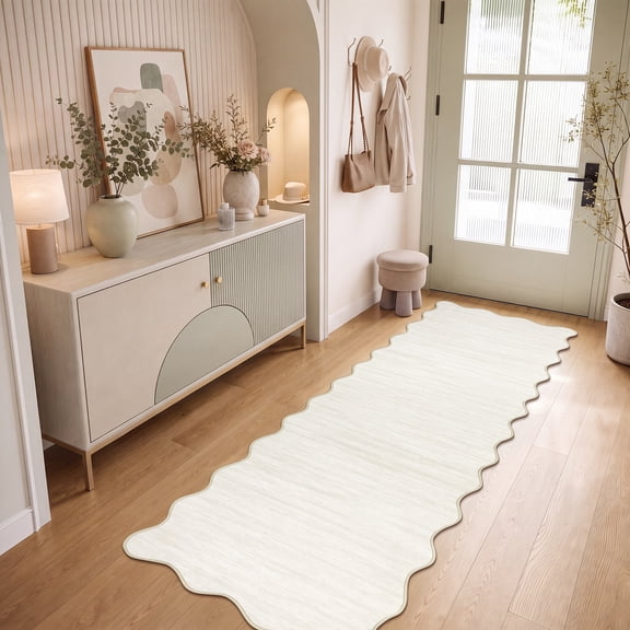 ZACOO 2'x6' Solid Scalloped Edge Area Rug, Machine Washable Ultra Thin Non Slip Carpet for Hallway Entryway Kitchen, Beige