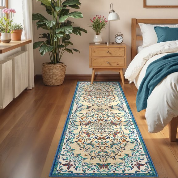 ZACOO 2'x6' Vintage Butterfly Floral Runner Rug, Washable Non Slip Low Pile Runner, Soft Bedroom Runner Rug for Kitchen Laundry Room, Beige Blue
