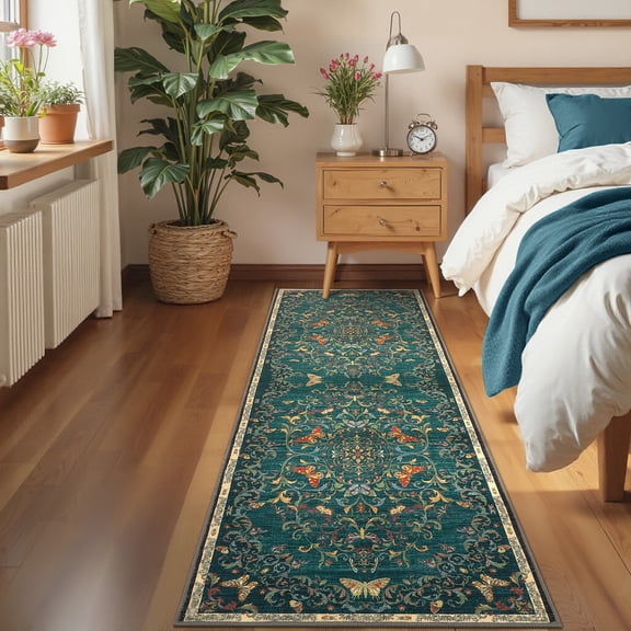 ZACOO 2'x6' Vintage Butterfly Floral Runner Rug, Washable Non Slip Low Pile Runner, Soft Bedroom Runner Rug for Kitchen Laundry Room, Blue Green