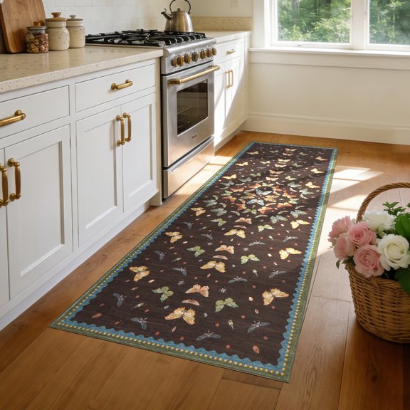 ZACOO 2'x6' Vintage Butterfly Insect Runner Rug, Washable Non Slip Low Pile Runner, Soft Bedroom Runner Rug for Kitchen Laundry Room, Brown Coffee
