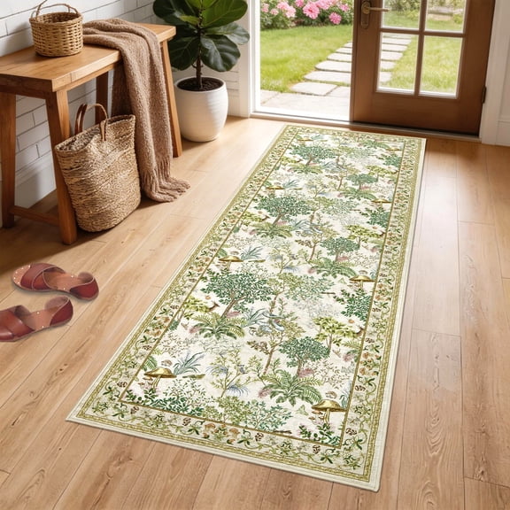 Nanan 2'x6' Vintage Forest Scene Runner Rug, Machine Washable Low Pile Non-Slip Indoor Rug for Hallway Kitchen Laundry Room, Camel