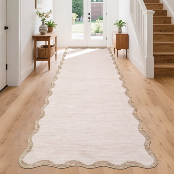 ZACOO 2'x6' Washable Runner Rug, Scalloped Solid Striped Ultra Thin Non-Slip Pet Friendly Carpet for Hallway Kitchen Entryway, Beige