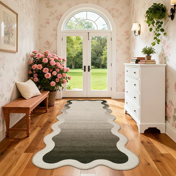 ZACOO 2'x6' Wavy Scalloped Edge Gradient Runner Rug, Machine Washable Low Pile Non-Slip Indoor Rug for Hallway Kitchen Laundry Room, Camel