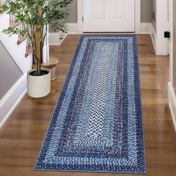 ZACOO 2'x8' Braided Print Runner Rug, Border Machine Washable Ultra Thin Non Slip Carpet for Hallway Entryway Kitchen, Navy Blue