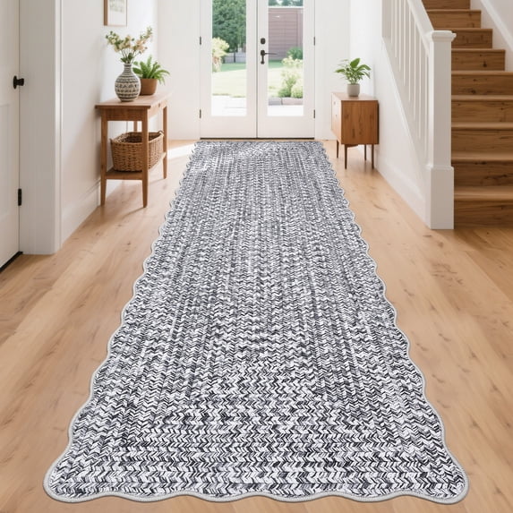 ZACOO 2'x8' Braided Print Runner Rug, Scalloped Washable Runner Rug, Non Slip Low Pile Soft Indoor Rugs for Kitchen Laundry Entryway, Gray