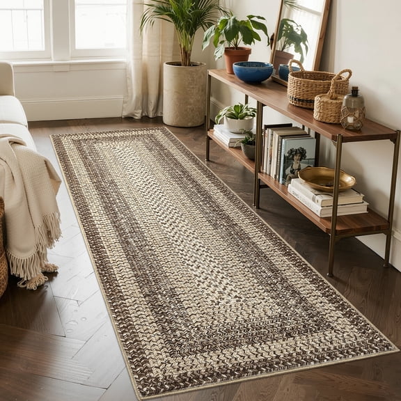 ZACOO 2'x8' Vintage Braided Print Border Runner Rug, Thin Washable Anti-Slip Floor Rug for Hallway Kitchen Laundry Room, Natural