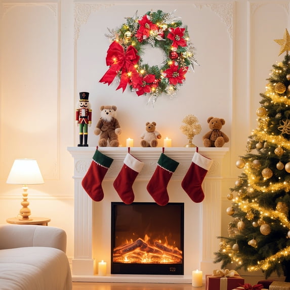 Vevlet Red ZACOO 24 in Pre-Lit Christmas Wreath, Artificial PVC Wreath with Red ...