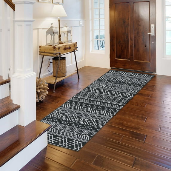 ZACOO 2x6 Runner Rug Geometric Boho Rug Non-Slip Low Pile Rug Machine Washable Runner Rug, Black
