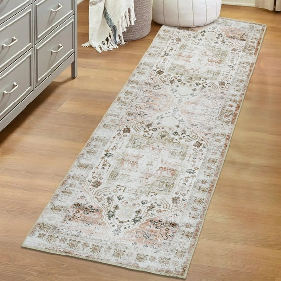 ZACOO 2x8 Feet Area Rug for Living Room Bedroom Washable Area Rug Vintage Print Rug Non-Slip Low Pile Rug, Taupe Multi
