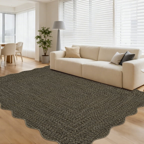 ZACOO 3'x5' Braided Print Area Rug, Scalloped Washable Rug, Non Slip Low Pile Soft Indoor Rugs for Entryway, Black Brown