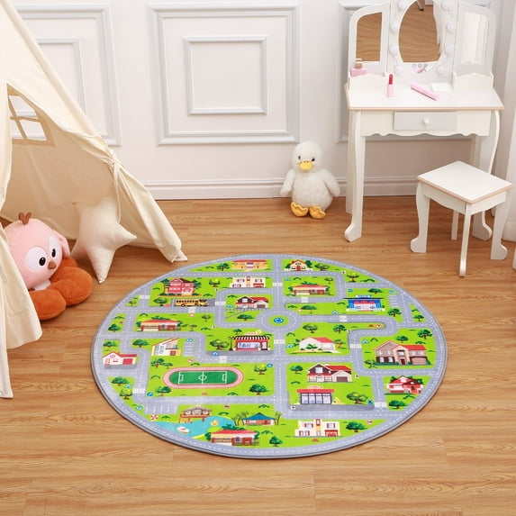 ZACOO 4 x 4 Children Round Rug Road Train Track Rug Car Rug for Kids Non Slip Kids Foam Rug Kids Room Rug, Grey