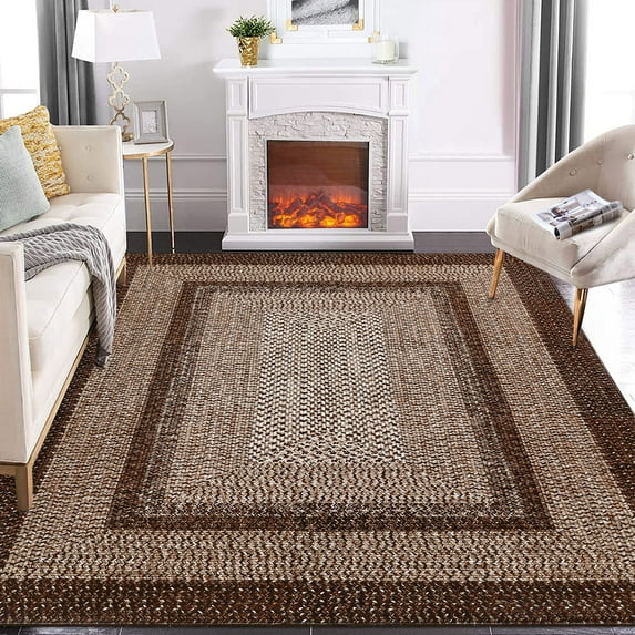 ZACOO 4' x 6' Modern Imitation Braided Print Area Rug Indoor Non Slip Throw Carpet Moroccan Rug Farmhouse Rustic Accent Rug Brown
