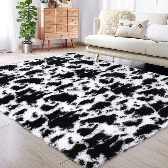 ZACOO 4' x 6' Plush Tie-Dyed Shaggy Rug Indoor Plush Carpet for Kids' Room Black and White