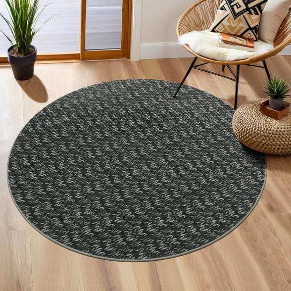 ZACOO 4'x4' Solid Machine Washable Area Rug, Herringbone Braid Print Ultra Thin Non‑Slip Carpet for Bedroom, Home Office, Black