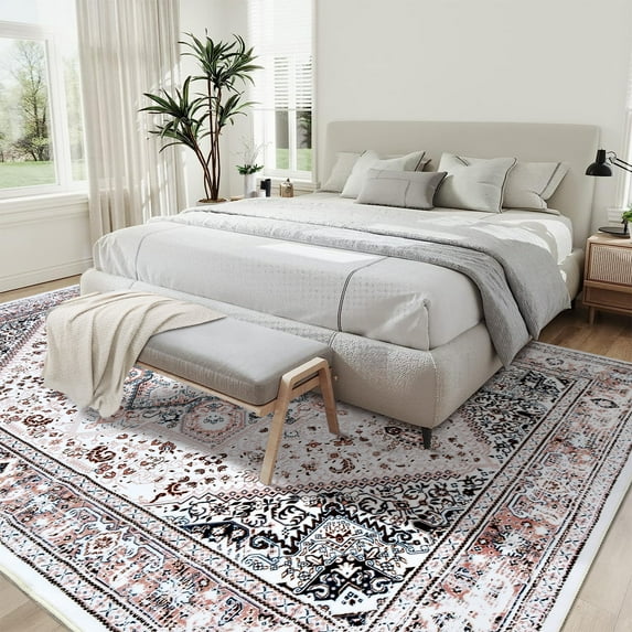 ZACOO 4'x6' Area Rug Vintage Persian Boho Area Rug Floral Rug Distressed Rugs Low Pile Non-Slip for Living Room Bedroom, Pink