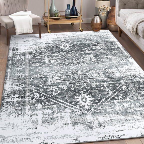 ZACOO 4'x6' Floral Print Distressed Rug Vintage Boho Carpet Farmhouse Medallion Indoor Throw Rug for Dining Room Home Office, Gray