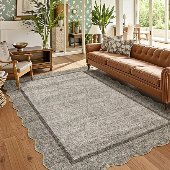 ZACOO 4'x6' Scalloped Machine Washable Area Rug, Solid Stain Resistant Pet Friendly Low Pile Non Slip Carpet for Home Office Bedroom Laundry room, Brown
