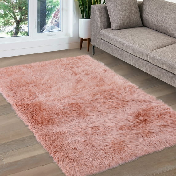 ZACOO 5' x 7' Faux Fur Area Rug Solid Shag Carpet Rugs Luxury Plush Carpets Modern Shaggy Floor Rug Non-Slip Carpet, Pink, Rectangle