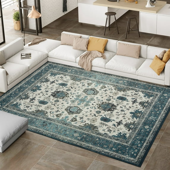 ZACOO 5' x 7' Vintage Rug Persian Rug Washable Floral Print Carpet No-Slip Low Pile Accent Floor Mat for Living Room Bedroom, Blue